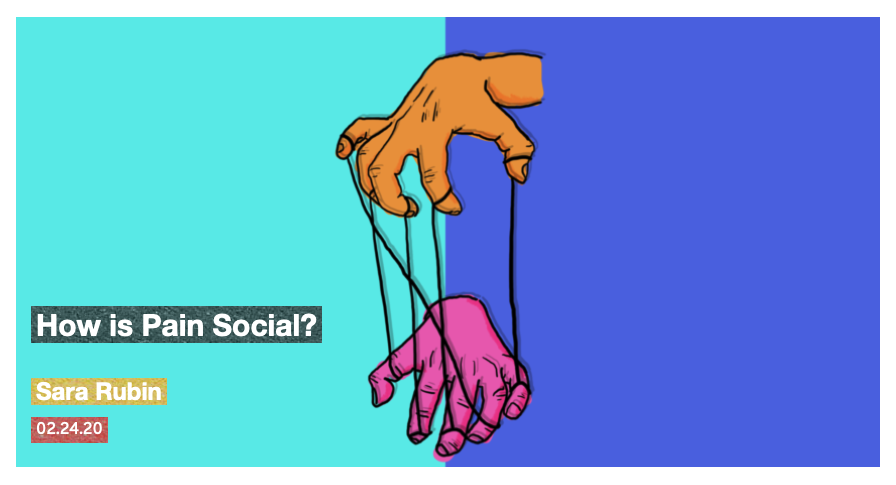 Image of one hand holding another with puppet strings on a background that is half teal and half purple. Showing title of Sarah Rubin's Article "How is Pain Social" and date of publication. Click through to access article.